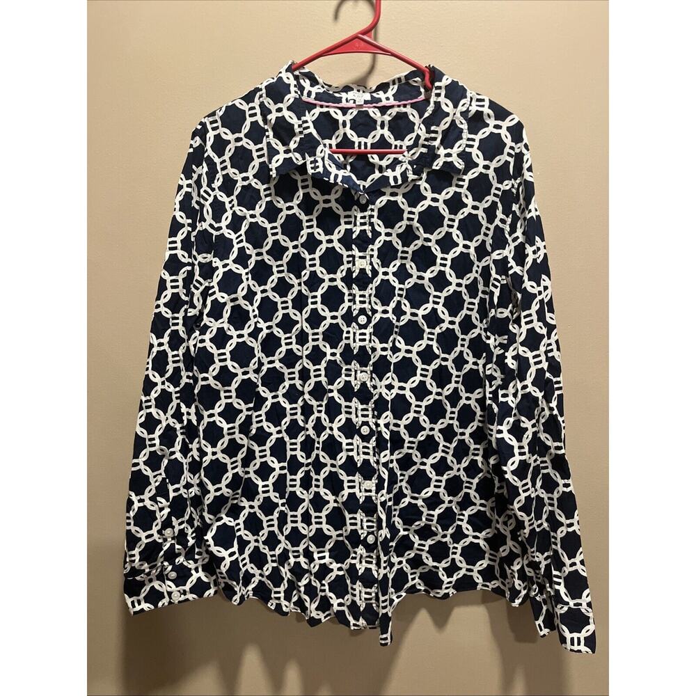 Crown & Ivy Women Blue White Geometric Blouse 3X Nautical Preppy Classic Capsule - Picture 1 of 10